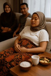 Wanita Melayu sedang menjalani tempoh pemulihan selepas pengguguran, berehat bersama keluarga, ditemani makanan berpantang dan suasana sokongan di rumah – rujukan panduangugur.com